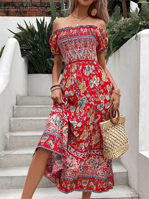 Women's Boho Style Print Off The Shoulder Maxi Dress