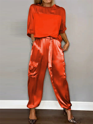 Women's 2Pcs Solid Color Short Sleeve Satin Round Neck Shirt & Pants Set