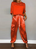 Women's 2Pcs Solid Color Short Sleeve Satin Round Neck Shirt & Pants Set