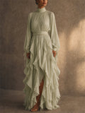 Womens Boho Chiffon Ruffle High Neck Long Sleeve Maxi Dress