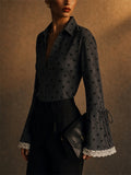 Womens Heart Print Tie Flare Sleeve Lace Trim Button Blouse