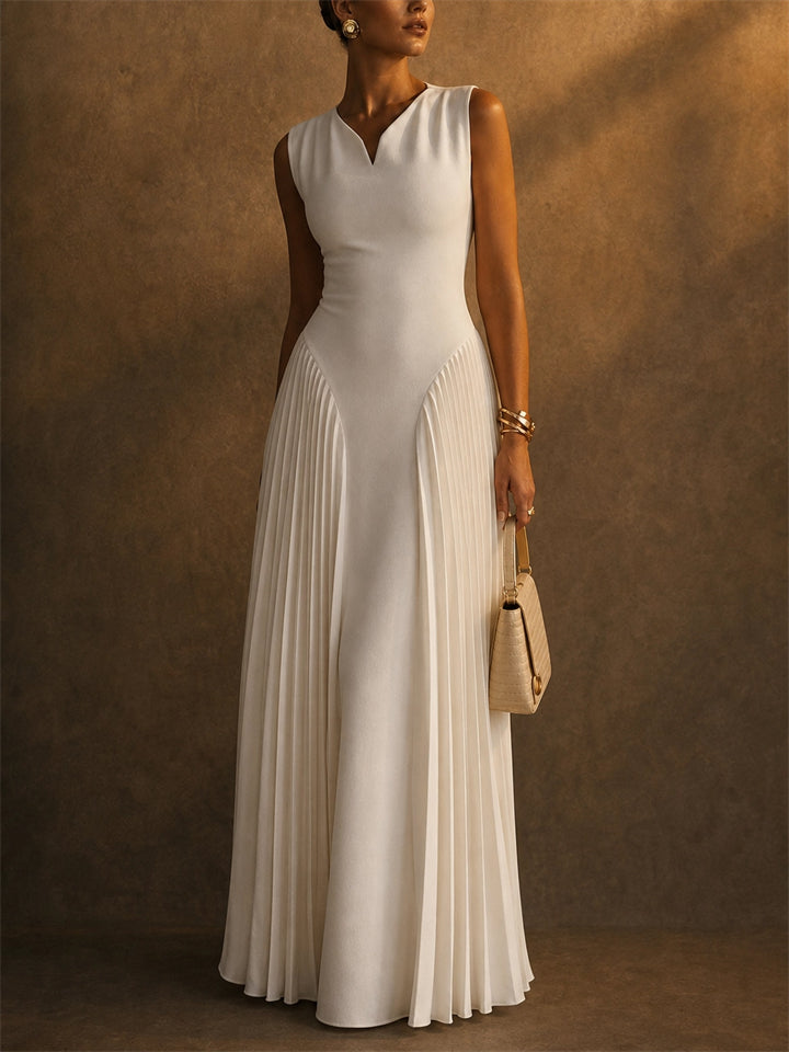Women White Sleeveless V Neck Pleated Evening Maxi Gown Dress