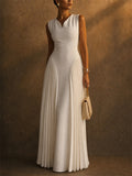 Women White Sleeveless V Neck Pleated Evening Maxi Gown Dress