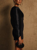 Women Black Pleated Lantern Sleeve Mini Cocktail Dress