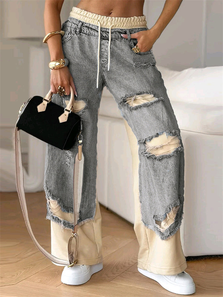 Women's Street Style Ripped Denim Patchwork Pants