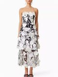 French Style Elegant 3D Embroidery Flowers  Strapless Dress for Lady