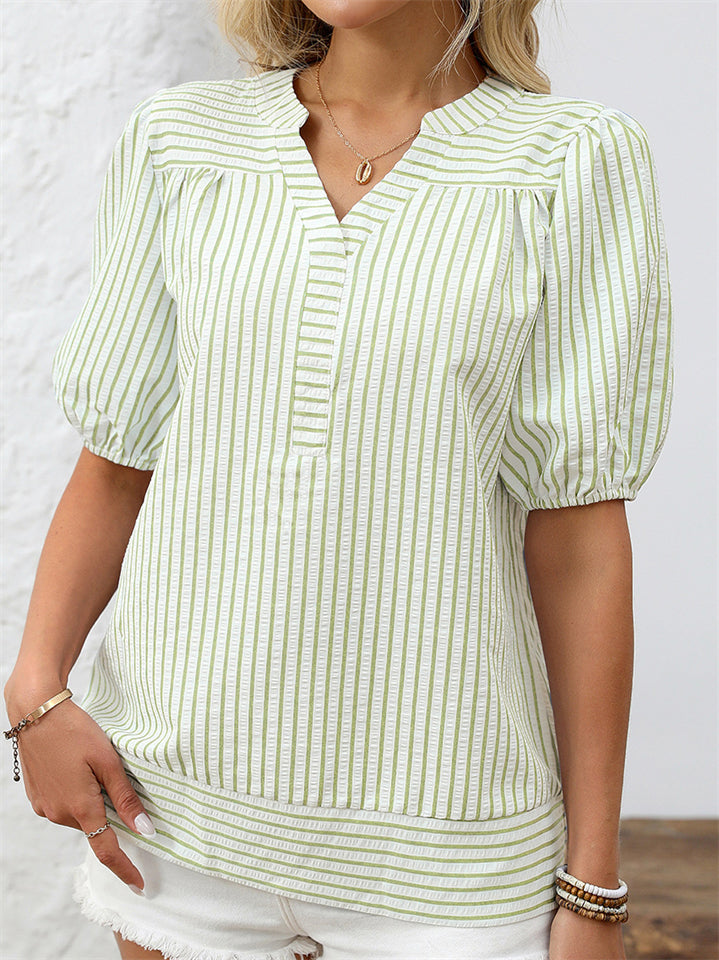 Women's Summer Striped V Neck Bishop Sleeve Shirts