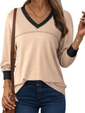 Women's Simple Contrast Trim V Neck Long Sleeve Sweatshirts