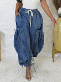 Women's Drawstring High Waist Baggy Tie Hem Joggers Denim Cargo Pants