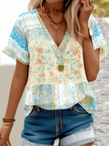 Summer V Neck Short Sleeve Floral Print Shirt for Women