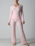 Women's 2 Piece Lounge V Neck Long Sleeve Top and Flare Yoga Pants Set