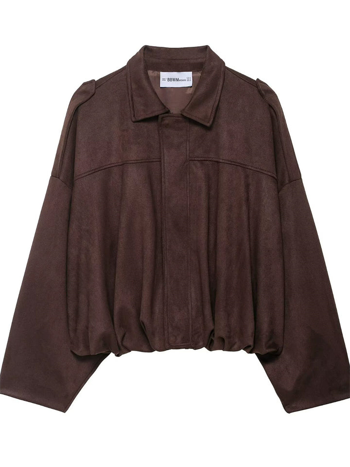 ‌Women's Faux Suede Short Loose Fit Stand Collar Jacket‌s