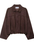 ‌Women's Faux Suede Short Loose Fit Stand Collar Jacket‌s