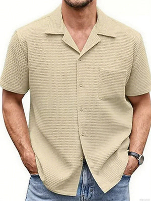 Men's Solid Color Waffle Button Up Suit Collar Short Sleeve Shirts