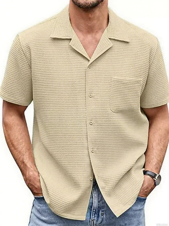 Men's Solid Color Waffle Button Up Suit Collar Short Sleeve Shirts