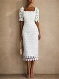 Women Elegant Crochet Square Neck Puff Sleeve Midi Dress