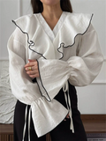 Women's French Style White Contrast Trim Ruffled V-Neck Blouses