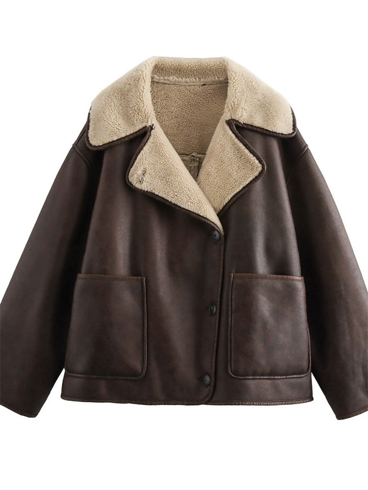 Women's Vintage Faux Suede Pockets Lapel Single Breasted Coat