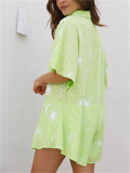 Women's 2pcs Casual Simple Print Button Up Short Sleeve Top & Pants Set