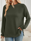 Women's Casual Solid Color Split Round Neck Long Sleeve T-Shirt