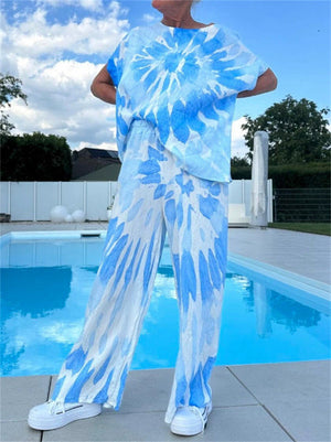 Women's 2Pcs Casual Holiday Style Printed Short Sleeve Shirt & Pant Set