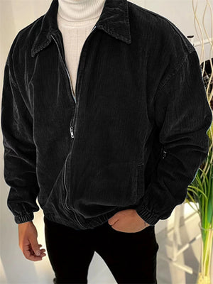 Men's Autumn Solid Color Corduroy Zip Up Lapel Long Sleeve Coat