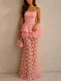 Womens Strapless Peplum 3D Applique Mesh Evening Gown Dress
