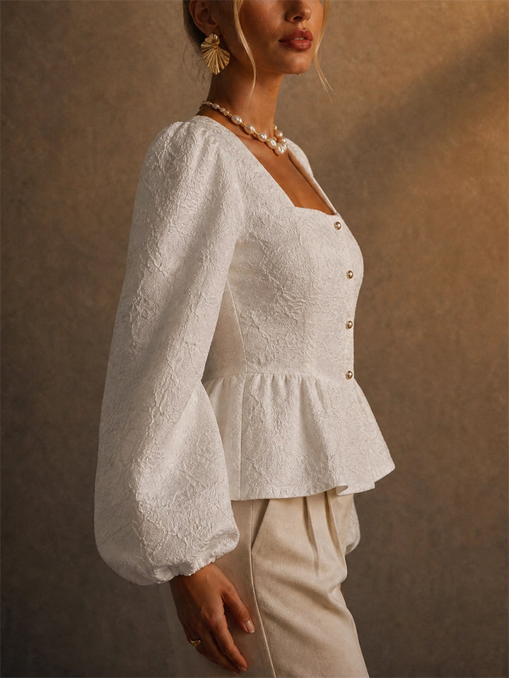 Women Vintage Square Neck Jacquard Peplum Puff Sleeve Blouse