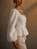 Women Vintage Square Neck Jacquard Peplum Puff Sleeve Blouse