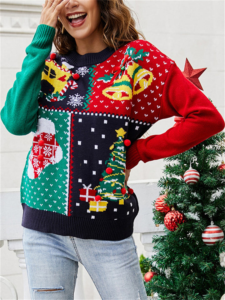 Women's Cute Christmas Elements Patchwork Jacquard Contrast Color Pullover Sweaters