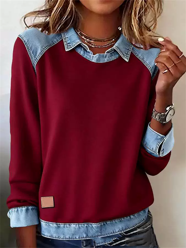 ‌Casual Denim Collar Loose Fit Pullover Knitted Top for Women