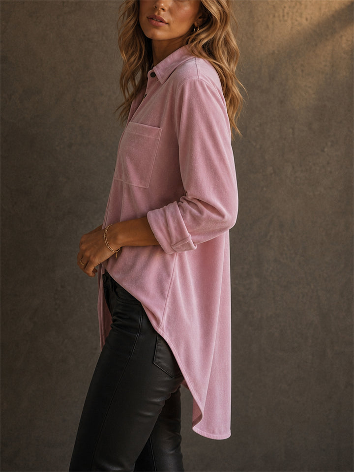 Women Velvet Oversized Button Down Long Sleeve Shirt