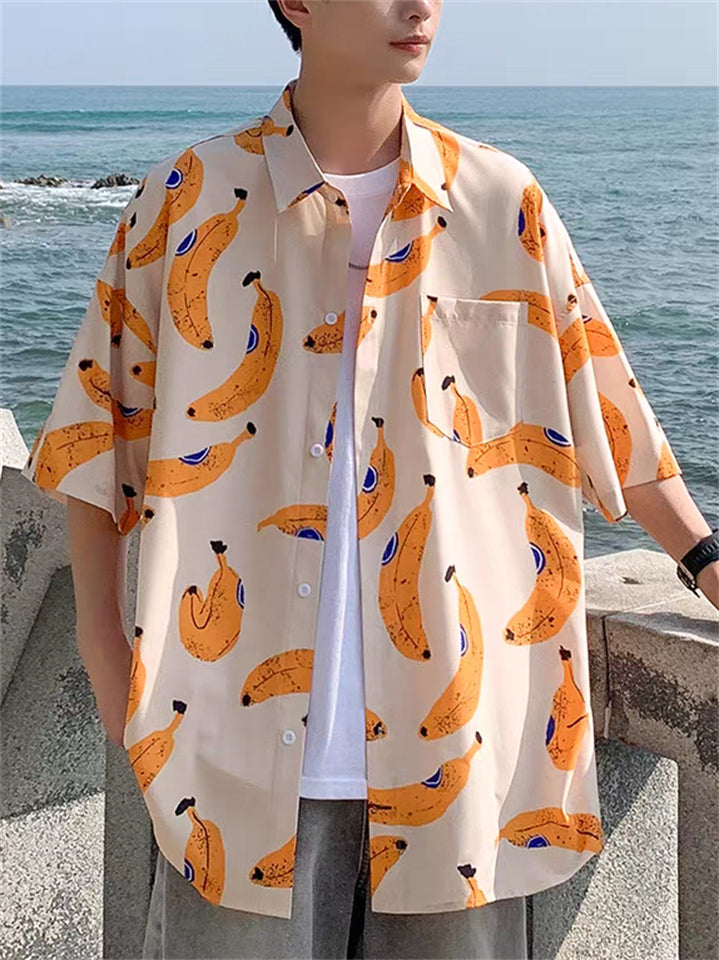 Unisex Hawaii Style Cartoon Printed Button Up Half Sleeve Beach Shirts