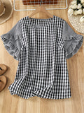 Women's Summer Plaid Round Neck Short Sleeve Shirt