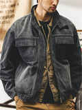 Retro Black Long Sleeve Lapel Cargo Denim Coat for Men