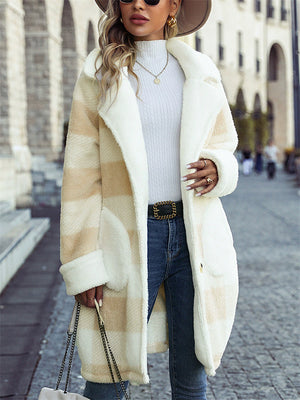 Women's Autumn Plaid Mid-Length Single Breasted Suit Collar Fleece Coats