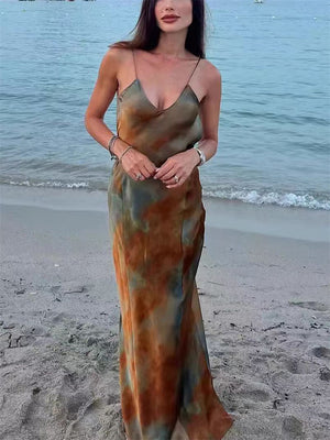 Women's Summer Sexy Print Satin Backless Strap Cocktail Dress