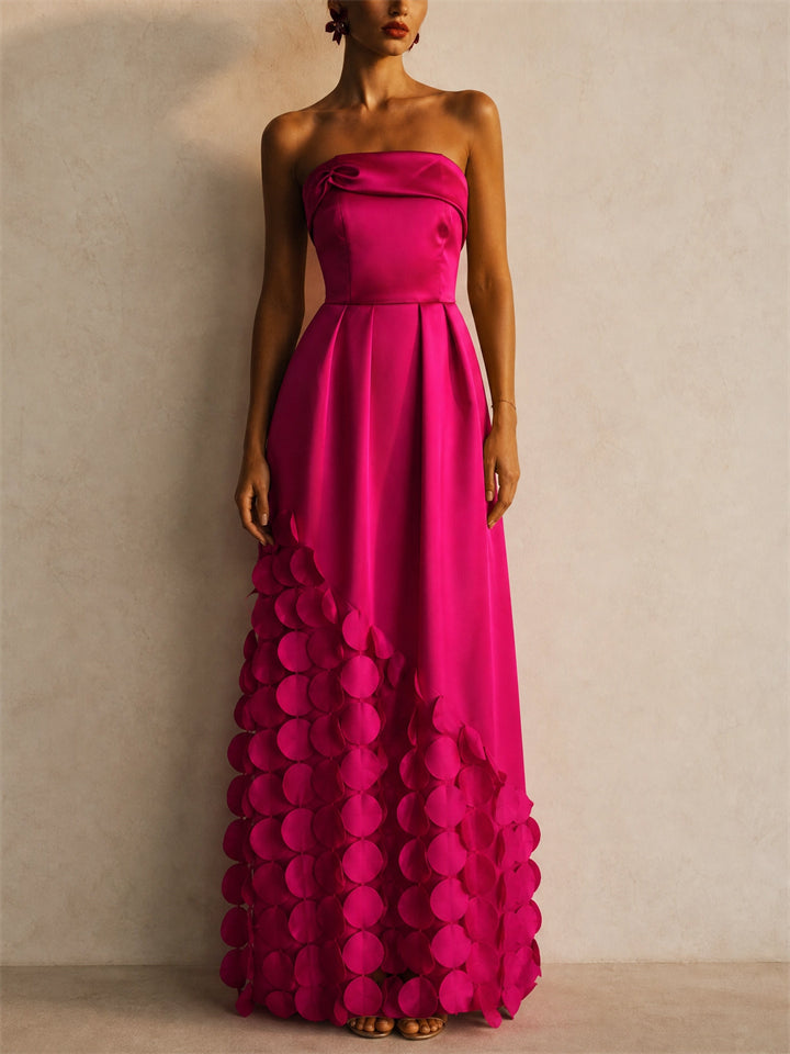 Women Strapless Fuchsia Satin 3D Petal Applique Maxi Gown