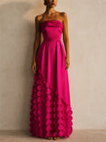 Women Strapless Fuchsia Satin 3D Petal Applique Maxi Gown