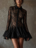 Womens Sexy Sheer Lace Ruffle Flared Sleeve Mini Dress