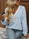 Women Striped Knit V Neck Long Sleeve Loose Fit Casual Shirts