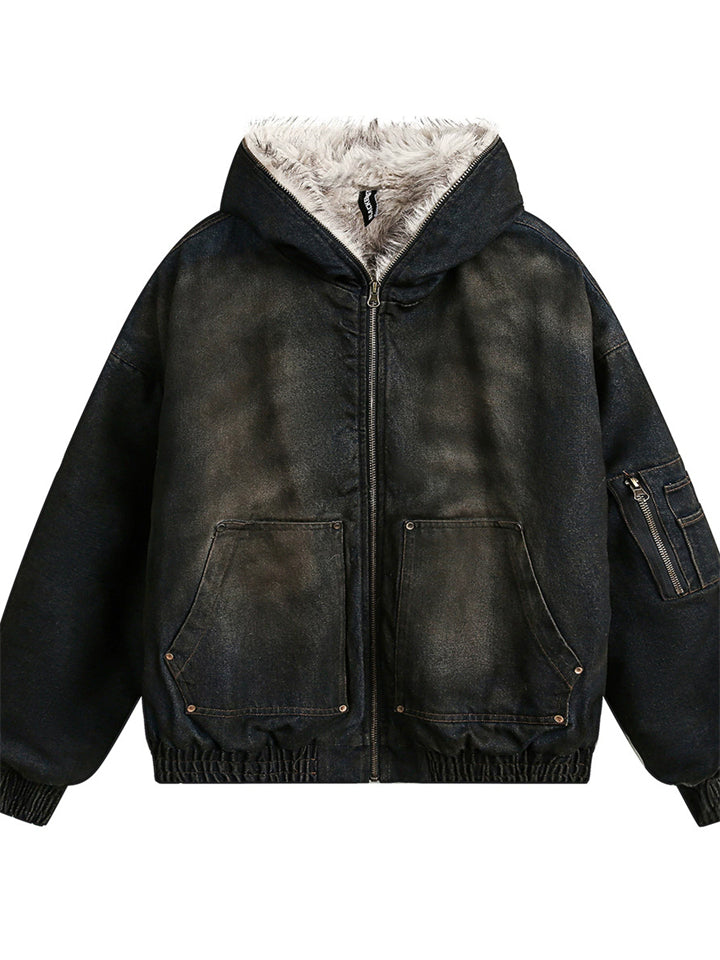 Men's Winter Warm Fleece-Lined Denim Bomber Jacket Casual Loose Fit Coats
