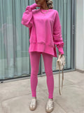 Women's Autumn Loose Solid Color Round Neck Split Hem Sweatshirts & Sweatpants Outfit