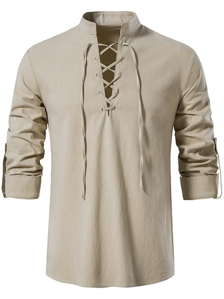 Men's Long Sleeve Lace Up Front Stand Collar Medieval Style Shirt‌s
