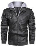 ‌Men's Stylish PU Leather Full-Zip Hooded Jacket with Pockets
