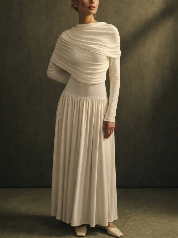 Womens Elegant Scarf Neck Long Sleeve Pleated Draped Maxi Dress
