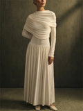 Womens Elegant Scarf Neck Long Sleeve Pleated Draped Maxi Dress
