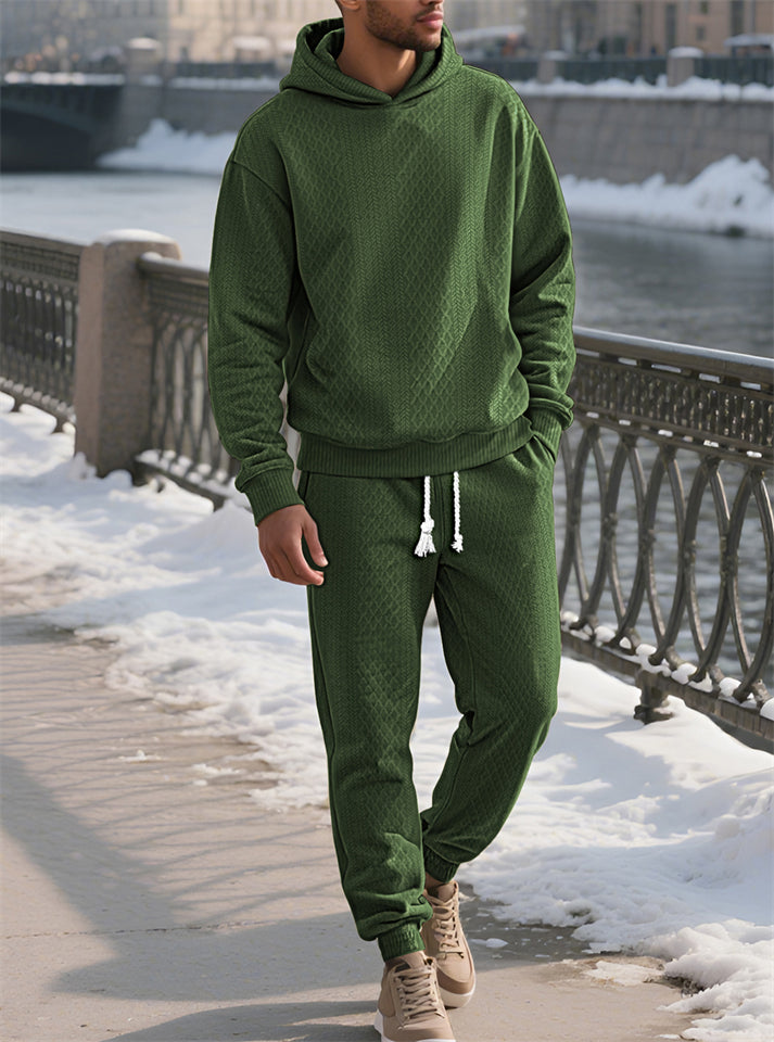 Men's Casual Solid Color Textured Jacquard Drawstring Hooded Sweatshirts & Sweatpants Outfit