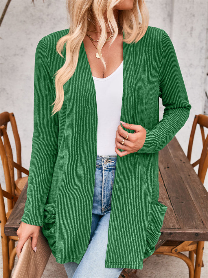 Women's Solid Color Stripe Long Sleeve Cardigan Sweater