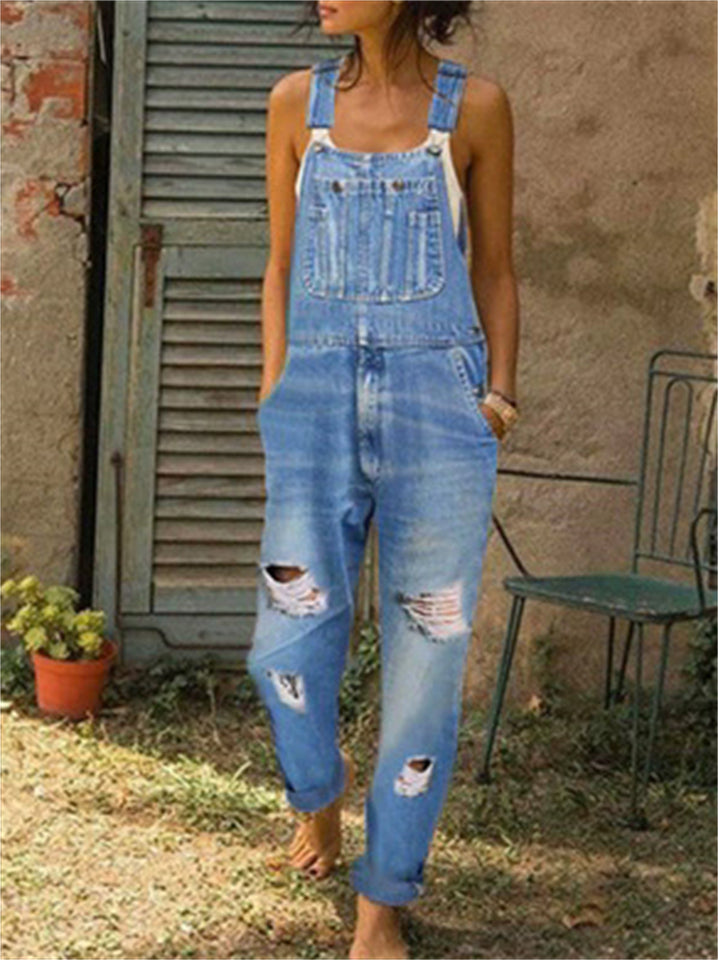 Women's Casual Solid Color Pockets Denim Ripped Jumpsuits